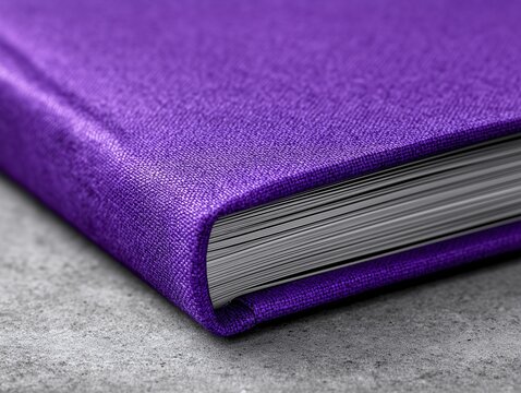 Closeup of purple book on concrete, Detailed hardcover book texture, Publishing or stationery concept background