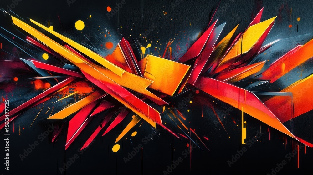 Fototapete a bold, energetic abstract design featuring sharp angular lines and vibrant neon accents of red, ora