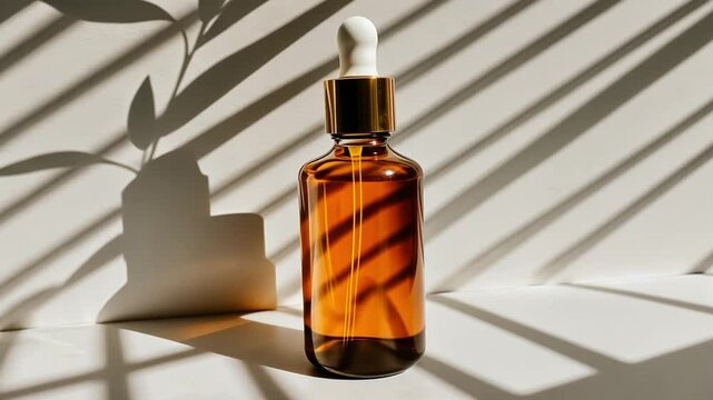 Amber Beauty Elixir: An amber glass bottle containing beauty elixir product stands amidst natural light and shadows, embodying simple and wellness in cosmetic concept.