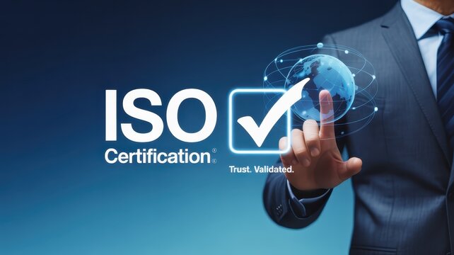 A hand interacts with a digital iso certification mark.