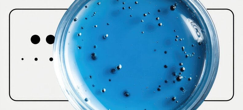 Petri dish with vibrant blue agar gel, speckled with dark particles, positioned over a white surface with a black rectangular outline and small black dots