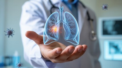 Hologram of a human lung held in a doctor's hand.