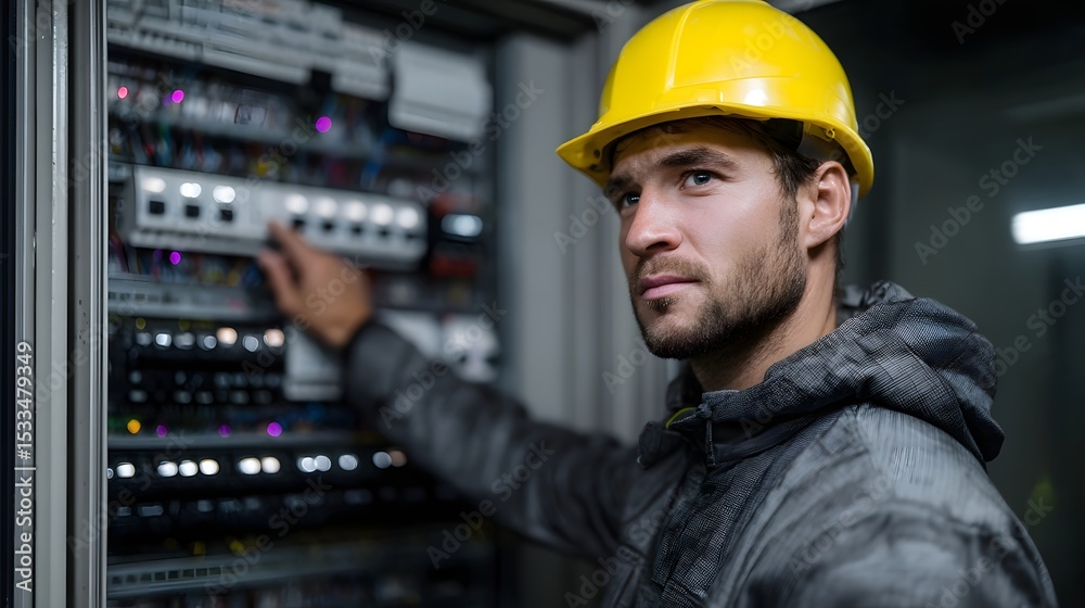 Poster engineer configuring plc controls on large electrical panel