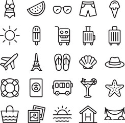 Obraz premium Travel Icon Set – Vector Line Icons for Tourism & AdventureVacation and Travel Icons – Editable Vector SetMinimal Travel Icons – Airport, Map, Passport, HotelTravel Essentials Icons – Vector Lin