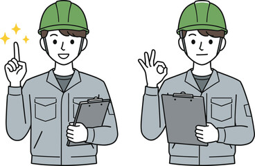 Cartoon construction workers in safety helmets holding clipboard, making gesture for good idea and okay sign, concept for teamwork, inspection, flat vector illustration