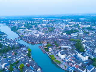 Fototapeta premium Aerial view of Shanghai Qingpu Zhujiajiao ancient town at sunset.