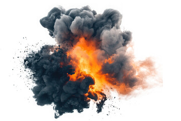 Dramatic fireball explosion with smoke cloud effect, fiery blast illustration, realistic vfx element, isolated on transparent background