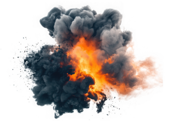 Dramatic fireball explosion with smoke cloud effect, fiery blast illustration, realistic vfx element, isolated on transparent background