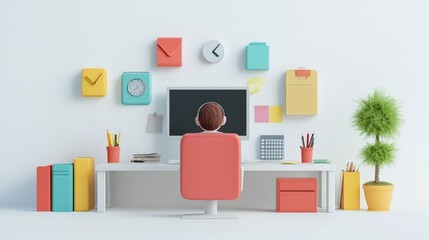 Fototapeta premium Stylized workspace illustration with person, computer, and decorative elements