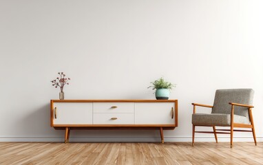 Mid-century modern living room scene featuring a low sideboard with a white top and mid-tone wood base, flanked by a potted plant and dried flowers