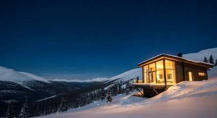 Cozy Modern Glass Cabin Illuminated at Night in Snowy Mountain Valley – 3D Winter Wonderland
