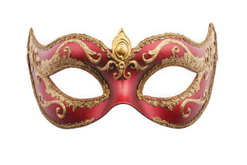 Ornate red and gold venetian carnival mask masquerade ball costume party decoration isolated on transparent background