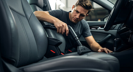 Man cleaning car interior with vacuum cleaner, deep detailing of car seat upholstery, auto care and hygiene maintenance, modern vehicle interior cleaning service