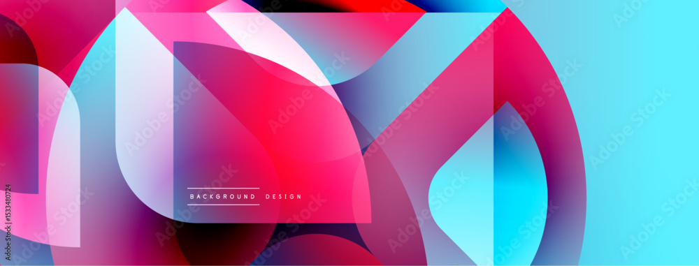 Poster abstract geometric shapes overlap, creating vibrant color gradients. design features pinks, blues, w