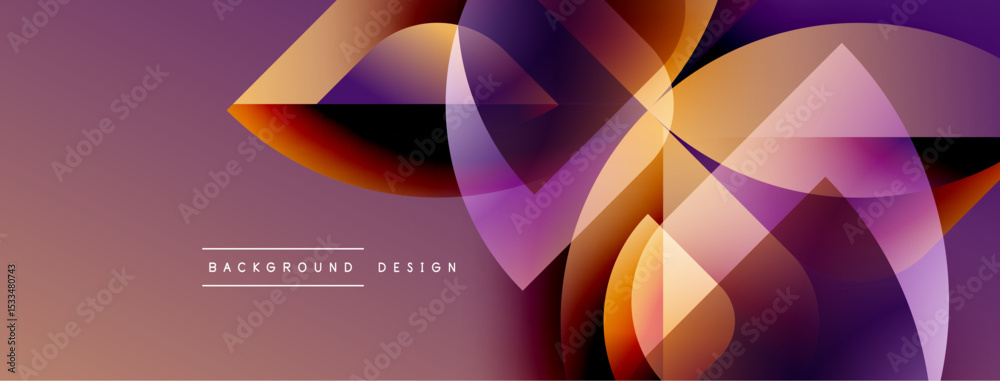 Poster abstract geometric shapes overlap, creating vibrant color gradients. design features orange, purple,