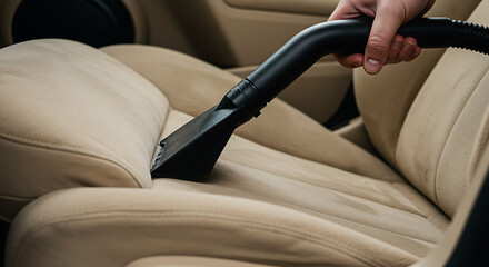 Man cleaning car interior with vacuum cleaner, deep detailing of car seat upholstery, auto care and hygiene maintenance, modern vehicle interior cleaning service