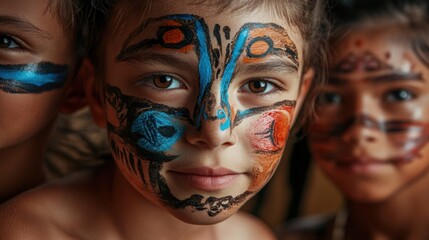 Obraz premium Close-up of children with colorful tribal face paint, expressing creativity and cultural celebration in a vibrant and joyful setting.