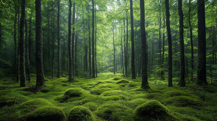 Fototapeta premium Behold grandeur of forest where majestic trees reach towards heavens moss-clad rocks whisper ancient tales and harmonious symphony of wildlife reveals intricate tapestry of this wondrous ecosystem