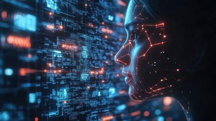 Abstract Digital Face Profile Glowing Blue Orange Lines Data Network