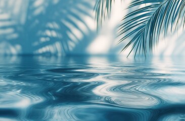 Serene teal water reflecting palm fronds and shadows, creating a tranquil, dreamy atmosphere