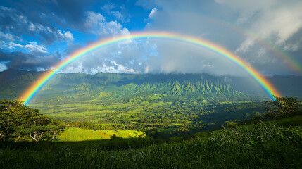 Fototapeta premium Behold mesmerizing spectacle of a resplendent rainbow gracefully spanning across a verdant mountain a testament to harmonious fusion of nature's vibrant splendor