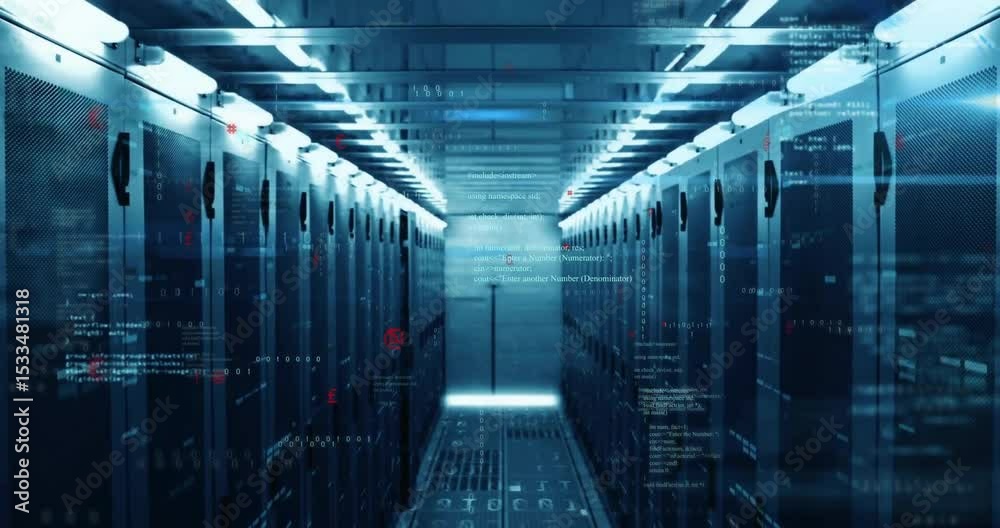 Poster code streams materializing in server corridor pulsing with red highlights fading to visualize flow