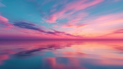 Fototapeta premium Serene seascape at sunset, vibrant pink and teal hues paint the sky and are reflected in the calm water, creating a dreamlike atmosphere