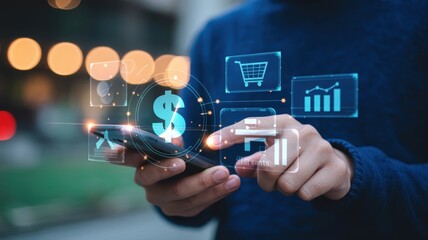 Person using a smartphone with digital interface showing financial data.