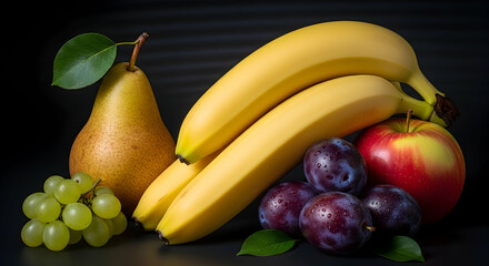 Arrangement of fresh colorful fruits on dark background