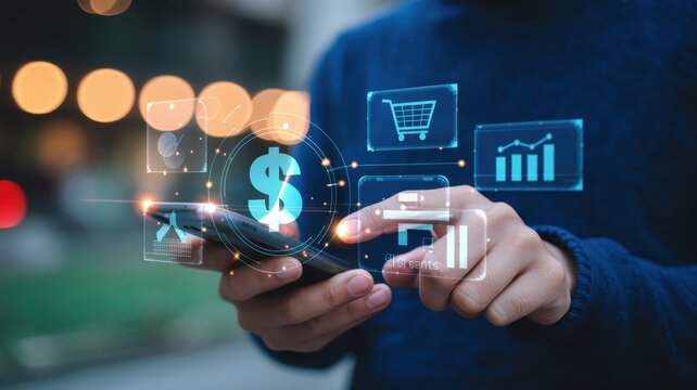 Person using a smartphone with digital interface showing financial data.