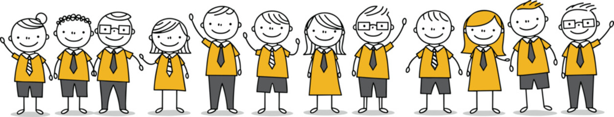 Fototapeta premium Cartoon kids standing in row, school uniform characters, cute children smiling, vector illustration for education, teamwork, diversity, fun learning concept, classroom image