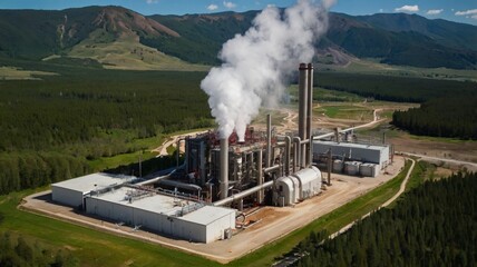 Fototapeta premium Geothermal power plant with steam rising from a circular hot water source, surrounded by metal pipes and equipment in a dry, mountainous landscape