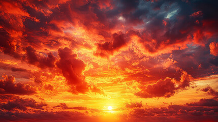 Fototapeta premium Bright red sunset. Dramatic evening sky with clouds. Fiery skies with space for design. Magic fantasy sky. War, battle, terror, world apocalypse, horror concept