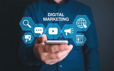 Fototapeta premium Digital marketing interface displayed on a phone.