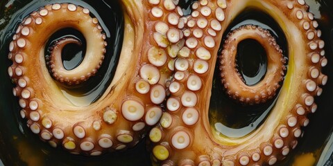 Obraz premium Close-up of cooked octopus tentacle, glistening with oil, in a dark bowl