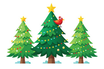 Fototapeta premium Three Christmas Trees with Decorations and a Bird Wearing a Santa Hat