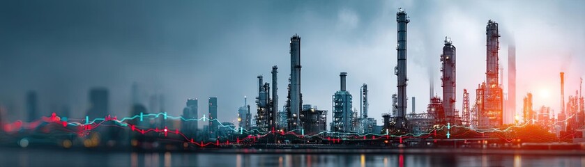 Fototapeta premium Energy market volatility forecast with investment in global supply concept. A panoramic view of an industrial skyline with smokestacks.