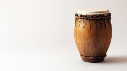 A conga drum with a smooth surface, space for text on the right, set against a bright white backdrop