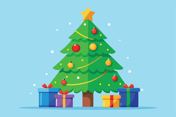 Festive Christmas Tree with Colorful Ornaments and Gift Boxes Illustration