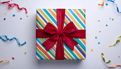 Obraz premium Colorful gift box with red ribbons and bows, perfect for any holiday or celebration. Top view cinematic photograph in 4k with white background