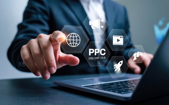 Person interacts with digital interface for pay-per-click advertising.