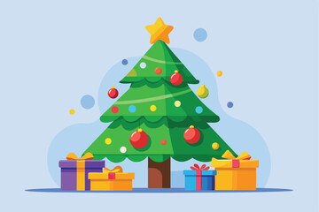 Festive Christmas Tree with Colorful Ornaments and Wrapped Gifts Illustration