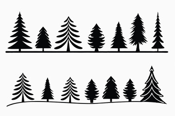 Obraz premium Black and White Silhouette Illustration of Evergreen Trees in Two Rows on White