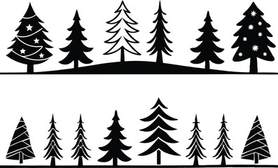 Obraz premium Two rows of stylized Christmas trees in black and white vector format