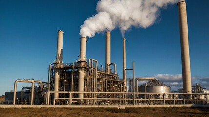 Geothermal power plant with steam rising from a circular hot water source, surrounded by metal pipes and equipment in a dry, mountainous landscape
