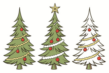 Fototapeta premium Three Cartoon Christmas Trees Decorated with Ornaments and Garland on a White Background
