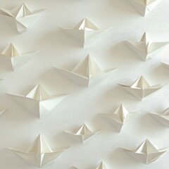 Numerous small, off-white origami paper boats arranged in a slightly irregular pattern on a light background