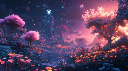 Enchanted Forest at Night Glowing Pink and Purple Trees, Sparkling Lights, and Vibrant Flowers