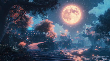 Enchanted Forest Path at Night Under a Luminous Full Moon