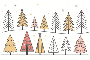 Collection of Hand Drawn Christmas Trees in Pastel Colors on White Background